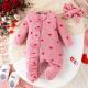Heart-print Footed Zip-up Onesie Headband Set