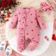 Heart-print Footed Zip-up Onesie Headband Set