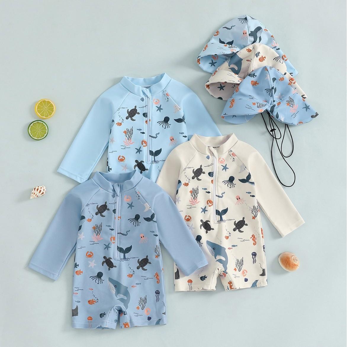 Hat One-piece Long Sleeves Childrens Swimsuit