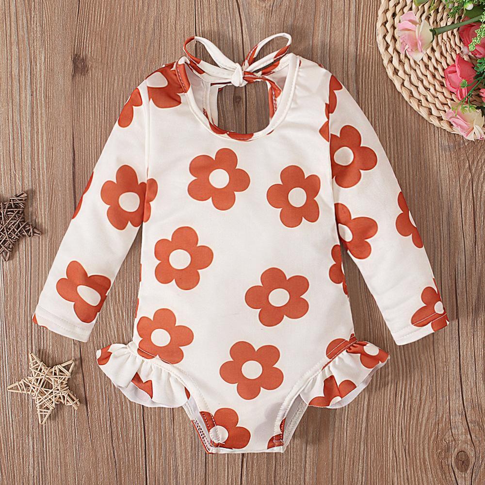 Girls Pattern Graphic Print Crew Neck Open Back Swimsuit