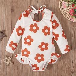 Girls Pattern Graphic Print Crew Neck Open Back Swimsuit