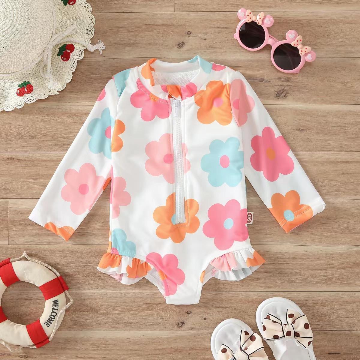 Girls Flower Bikini Zipper Romper Swimsuit