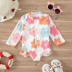 Girls Flower Bikini Zipper Romper Swimsuit