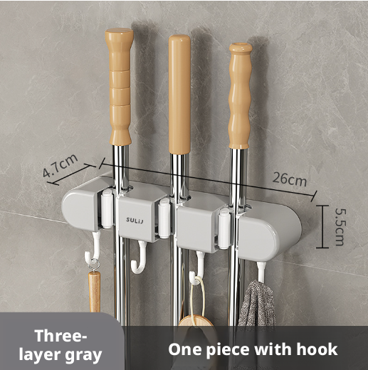 Multi-functional mop holder-3 clips and 4 hooks-gray-1 pack-* Boxed [Patent] - Option1