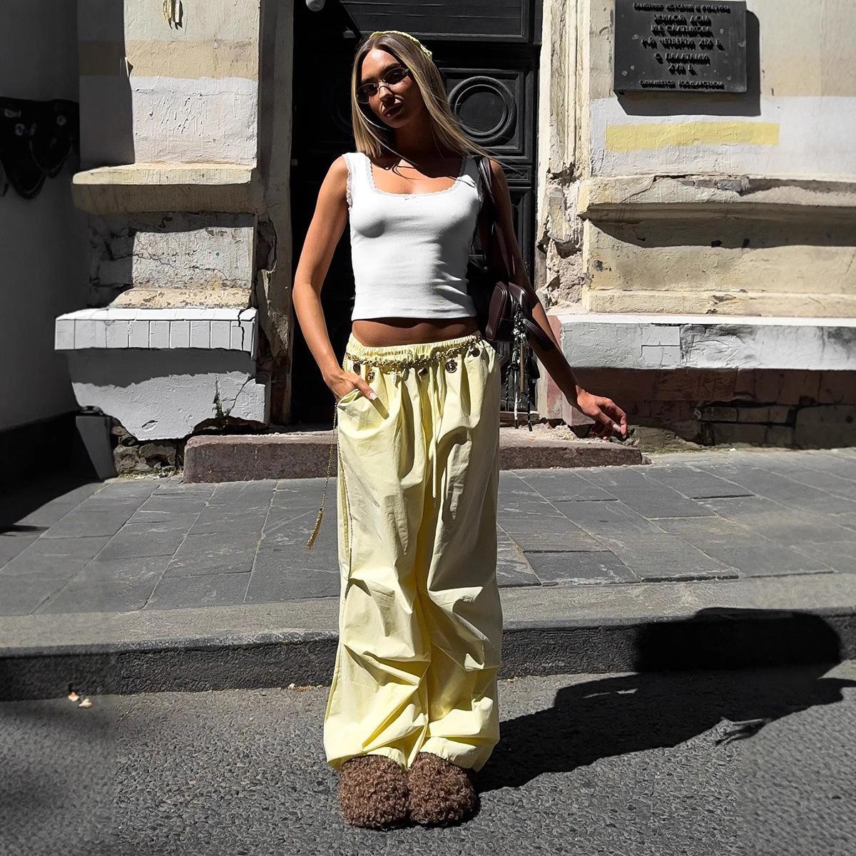 Polyester Womens Drawstring Bundle Solid Color Loose Casual Pants