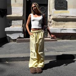 Polyester Womens Drawstring Bundle Solid Color Loose Casual Pants
