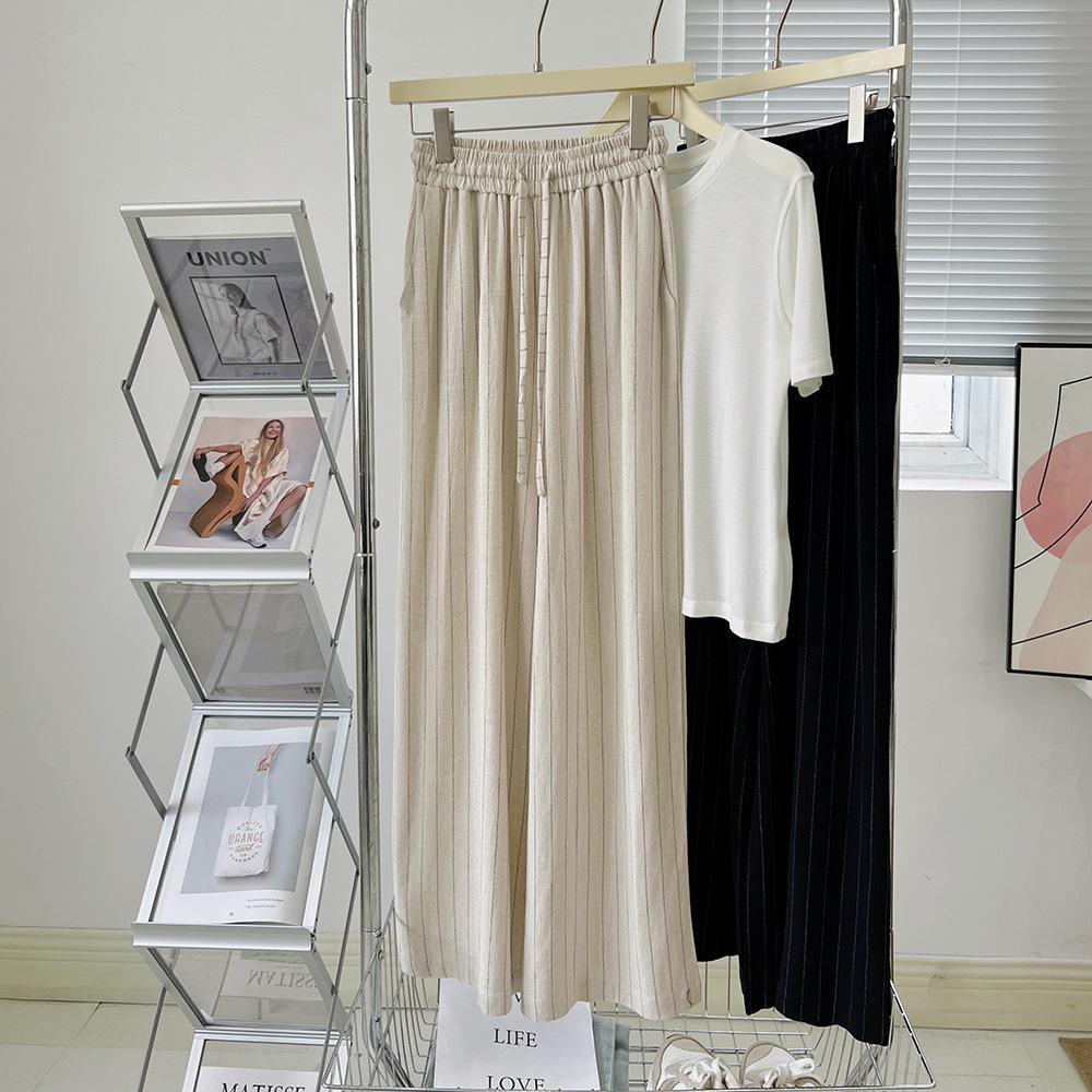 Lazy And Soft Cotton Linen Striped Wide Leg Pants