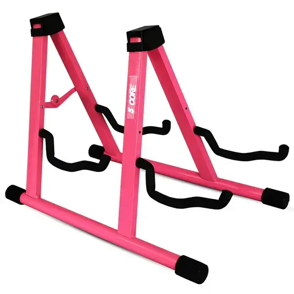 5 CORE Double Guitar Stand Floor Adjustable Heavy Duty A Frame Universal Folding Acoustic Electric Bass Mandolin Banjo Violin Holder Multiple Folding Stands For On Stage Studio Easy Assembly PINK