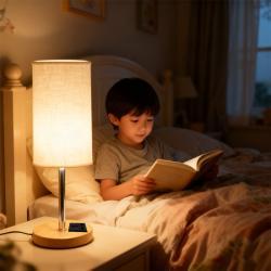 Bedside Lamps With 3-pin Plug, 3 Way Dimmable Table Lamp With USB A C Charging
