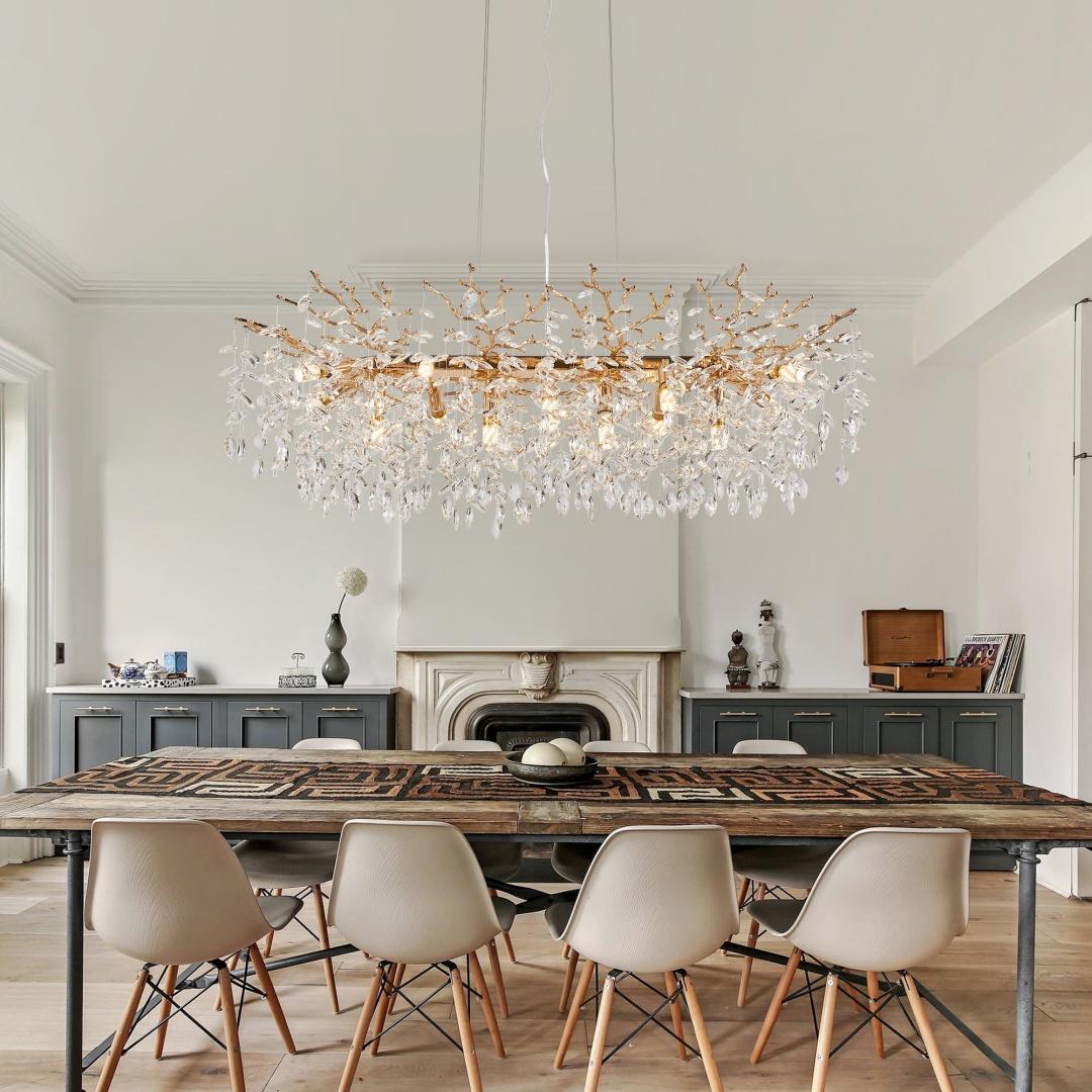 Modern Rectangular Chandelier, 49.2in Gold Crystal Tree Branch Chandelier 14 Lights Luxury Raindrop Light For Dining Room, Kitchen Island, Living Room Bulb Is Not Including