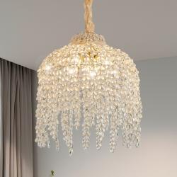 16 Inch 5-Light Crystal Pendant Light Chandelier- Elegant Waterfall Design With Grape-Shaped Crystal Bead Strings And Gold Finish For Living Room, Bedroom, Or Dining Area  Bulb Not Included