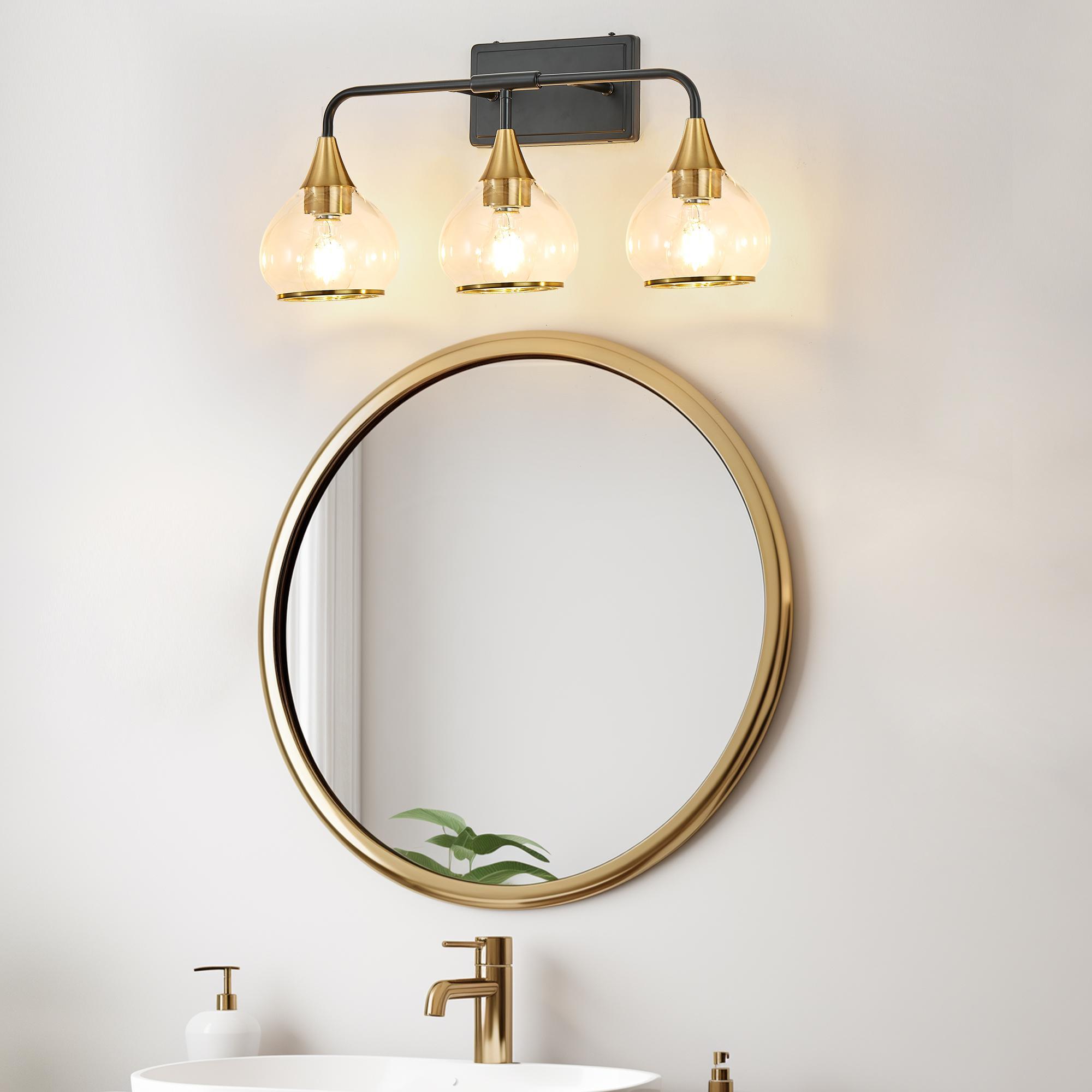 23in Modern 3-Light Vanity Wall Sconce - Black And Gold Bathroom Light Fixture With Clear Glass Shades, Industrial Wall Mounted Lamp For Mirror, Vanity, And Living Spaces Bulb Not Included