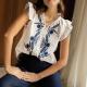 Womens V-neck Floral Embroidery Shirt