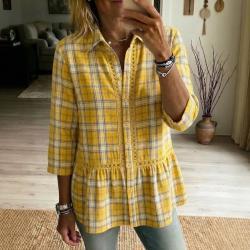 Casual Striped And Plaid Patchwork Lace Hollow-out Blouse