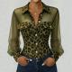 Leopard-print Patchwork Mesh Blouse With Pockets And Buttons