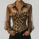 Leopard-print Patchwork Mesh Blouse With Pockets And Buttons