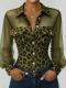 Leopard-print Patchwork Mesh Blouse With Pockets And Buttons