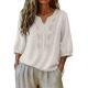 Womens Embroidered Linen Cotton Blouse, V-Neck  Sleeve Casual Summer Top