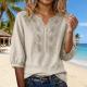 Womens Embroidered Linen Cotton Blouse, V-Neck  Sleeve Casual Summer Top