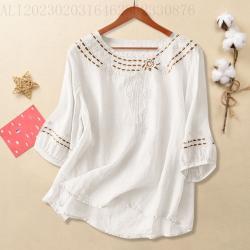 Womens Linen Cotton Embroidered Blouse, Round Neck Sleeve Casual Summer Top