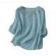 Womens Linen Cotton Embroidered Blouse, Round Neck Sleeve Casual Summer Top