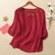 Womens Linen Cotton Embroidered Blouse, Round Neck Sleeve Casual Summer Top
