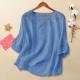 Womens Linen Cotton Embroidered Blouse, Round Neck Sleeve Casual Summer Top