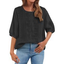 Embroidered Linen Cotton Round Neck Blouse, Casual Summer Top