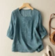 Embroidered Linen Cotton Round Neck Blouse, Casual Summer Top