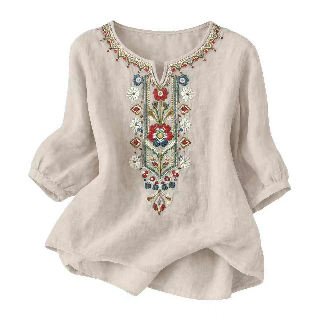 Womens Bohemian Embroidered Linen Cotton Blouse, V-Neck Sleeve Casual Summer Top
