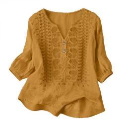 Womens Embroidered Linen Cotton Blouse, V-Neck Half Button  Sleeve Casual Top