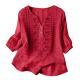 Womens Embroidered Linen Cotton Blouse, V-Neck Half Button  Sleeve Casual Top