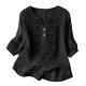 Womens Embroidered Linen Cotton Blouse, V-Neck Half Button  Sleeve Casual Top
