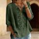 Womens Embroidered Linen Cotton Blouse, V-Neck Half Button  Sleeve Casual Top