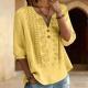 Womens Embroidered Linen Cotton Blouse, V-Neck Half Button  Sleeve Casual Top
