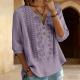 Womens Embroidered Linen Cotton Blouse, V-Neck Half Button  Sleeve Casual Top