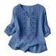 Womens Embroidered Linen Cotton Blouse, V-Neck Half Button  Sleeve Casual Top