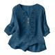 Womens Embroidered Linen Cotton Blouse, V-Neck Half Button  Sleeve Casual Top