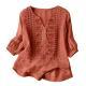 Womens Embroidered Linen Cotton Blouse, V-Neck Half Button  Sleeve Casual Top