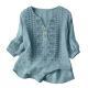 Womens Embroidered Linen Cotton Blouse, V-Neck Half Button  Sleeve Casual Top