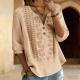 Womens Embroidered Linen Cotton Blouse, V-Neck Half Button  Sleeve Casual Top
