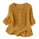 Womens Embroidered Linen Cotton Blouse, V-Neck Half Button  Sleeve Casual Top
