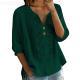 Womens Embroidered Linen Cotton Blouse, V-Neck Half Button  Sleeve Casual Top