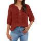 Womens Embroidered Linen Cotton Blouse, V-Neck Half Button  Sleeve Casual Top
