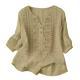 Womens Embroidered Linen Cotton Blouse, V-Neck Half Button  Sleeve Casual Top