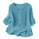 Womens Embroidered Linen Cotton Blouse, V-Neck Half Button  Sleeve Casual Top