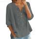 Womens Embroidered Linen Cotton Blouse, V-Neck Half Button  Sleeve Casual Top