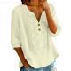 Womens Embroidered Linen Cotton Blouse, V-Neck Half Button  Sleeve Casual Top