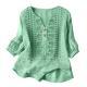 Womens Embroidered Linen Cotton Blouse, V-Neck Half Button  Sleeve Casual Top