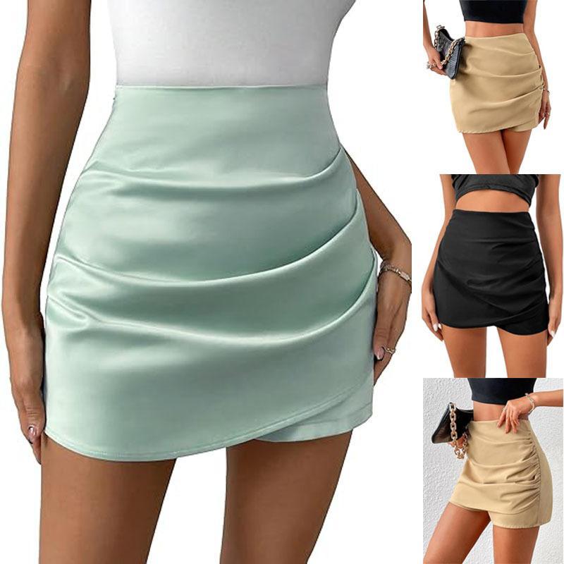 Womens Pleated Wrap Asymmetrical High-Waist Casual Shorts